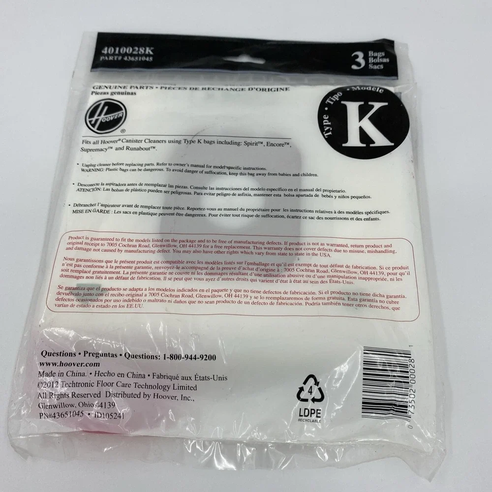 Hoover Type K Spirit OEM Vacuum Cleaner Bags Encore Canister 4010028K NIP